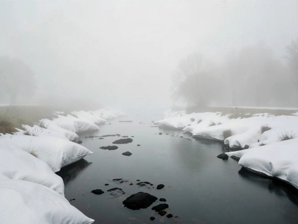 Slow river with patches of black water, banks softened to white pillows, far ben