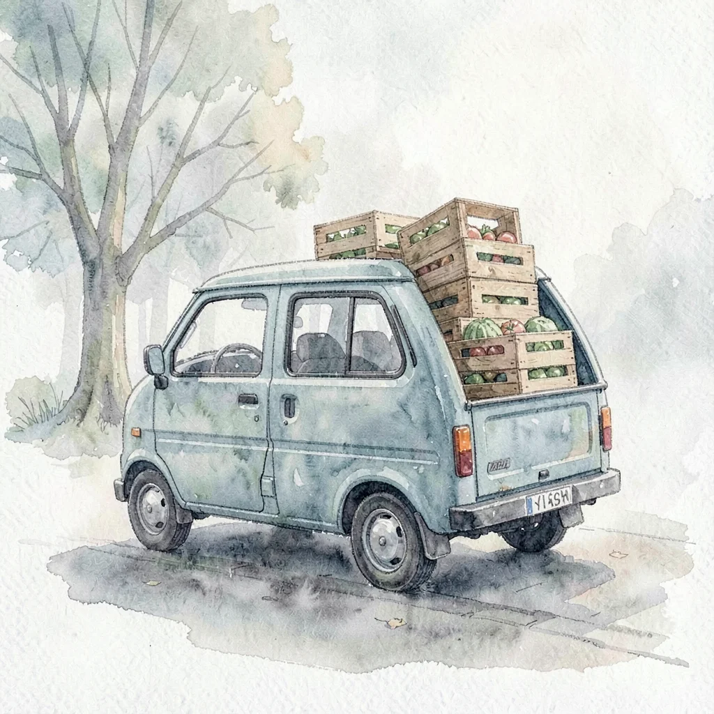 Watercolor of a small van being loaded with stacked food crates, early morning f