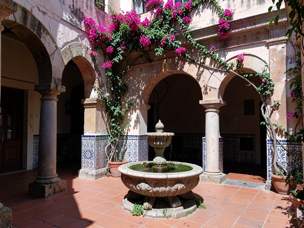 Arch-Framed Courtyard Fountain