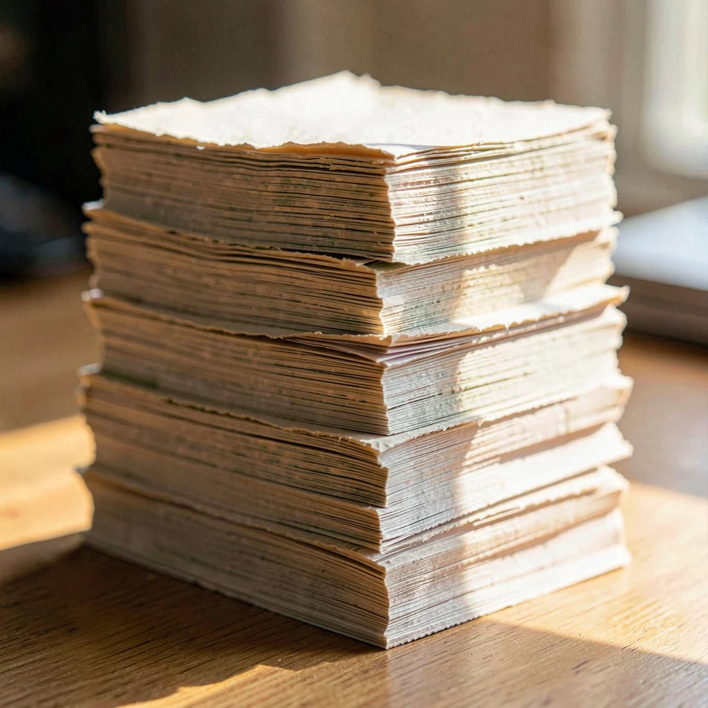 Stack of folded paper rectangles compressed into a tight tower like a year of re