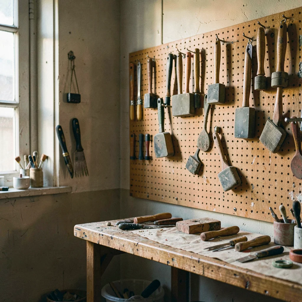 Atmospheric corner of a workshop with a wall of pegboard hung with brayers and b