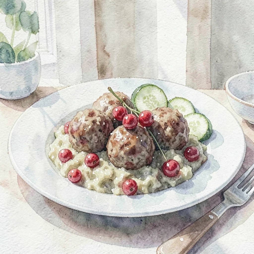 Plate of meatballs with lingonberry, mash, pickled cucumber, low diffuse window 