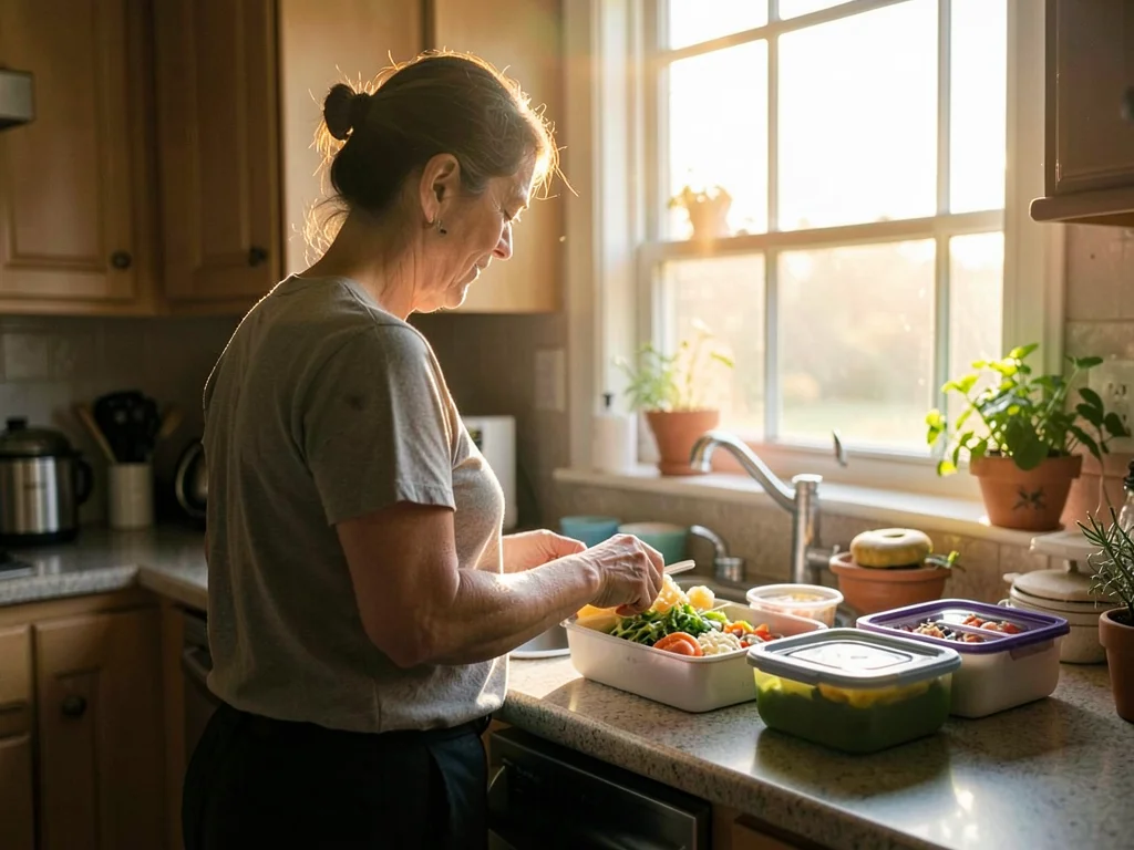 Parent making lunches at dawn, backlit by kitchen window, rim light on tired sho