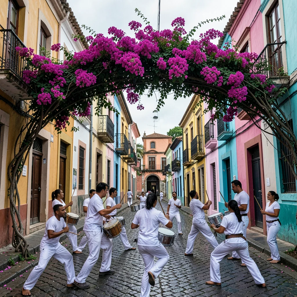 Salvador Pelourinho color, Bahian colonial saturation, Drummers in white clothin