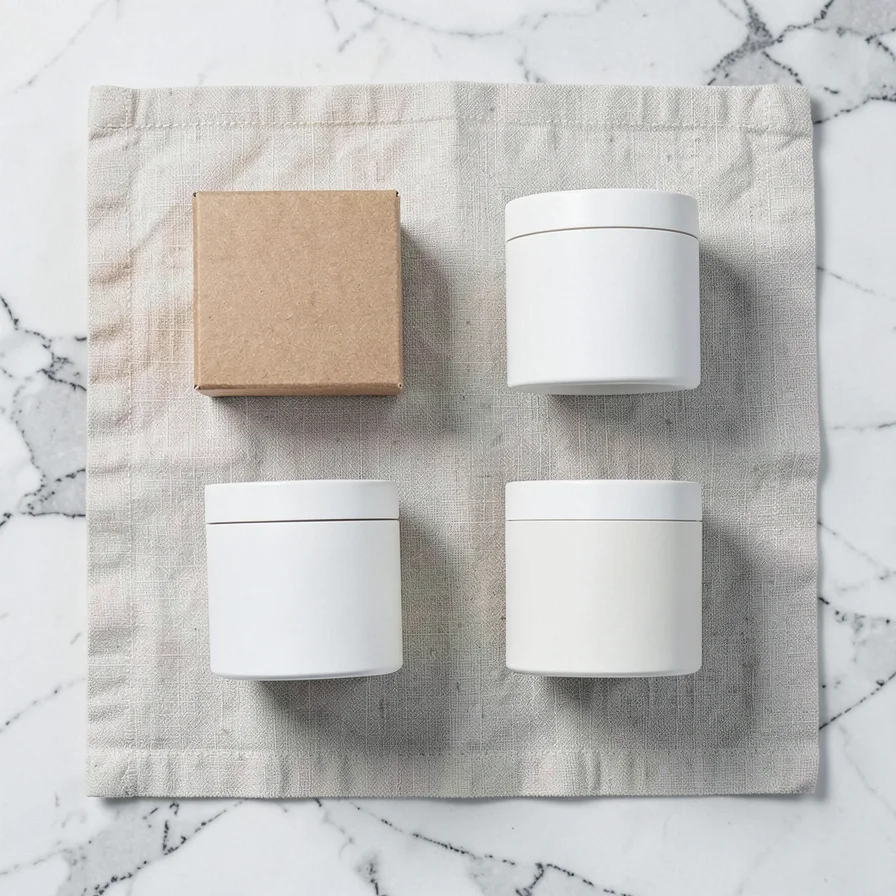Symmetric white containers flat-lay on linen