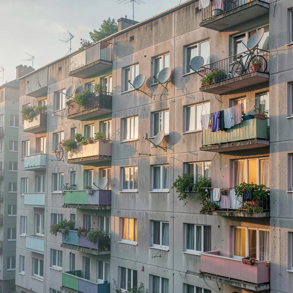 Post-Soviet urban photography, A Soviet-era apartment block at dawn, identical w