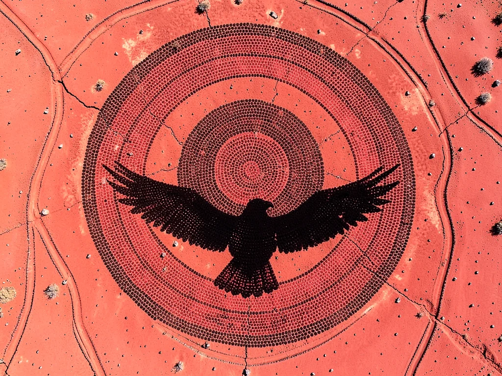 Desert hawk shadow on red sand below — spread wings as dark silhouette, top-down
