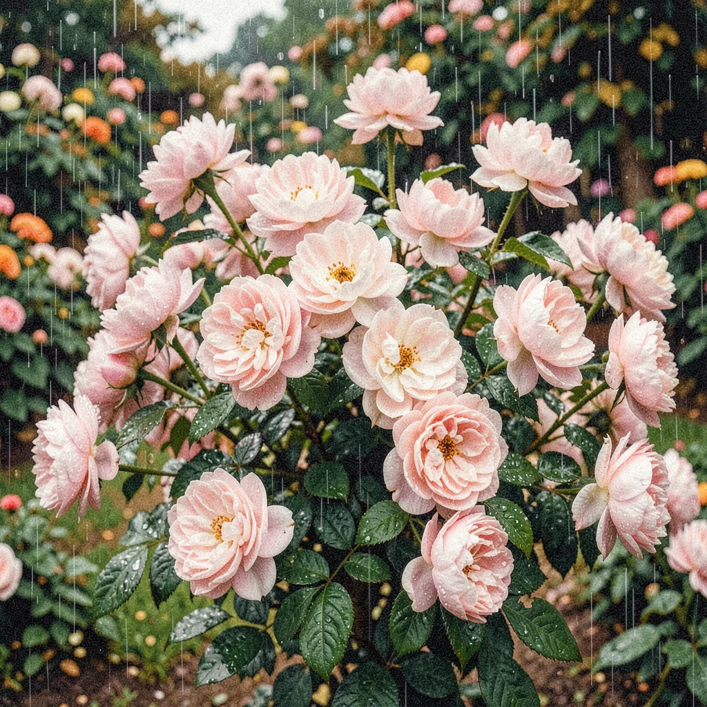 A peony bush in full explosion of pale pink blooms after a rain shower with wate