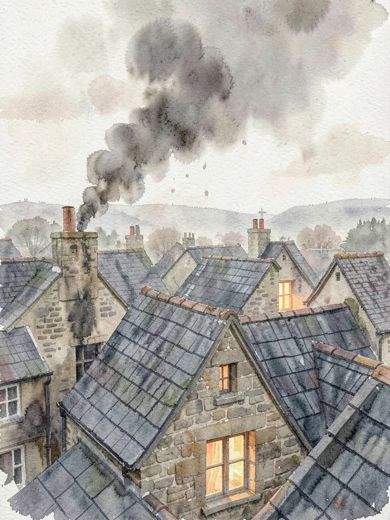 Sweeping rooftop view of a stone gable village under slow falling ash, warm wind