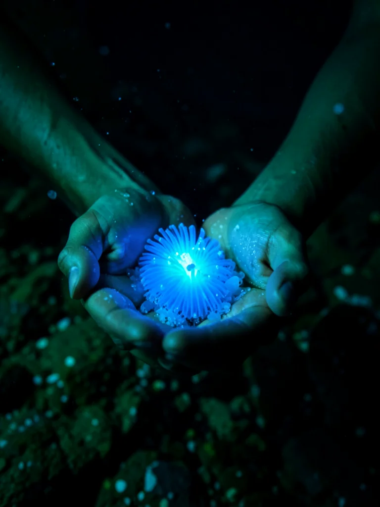 Hands cupping glowing seawater — blue light emanating from plankton disturbed in