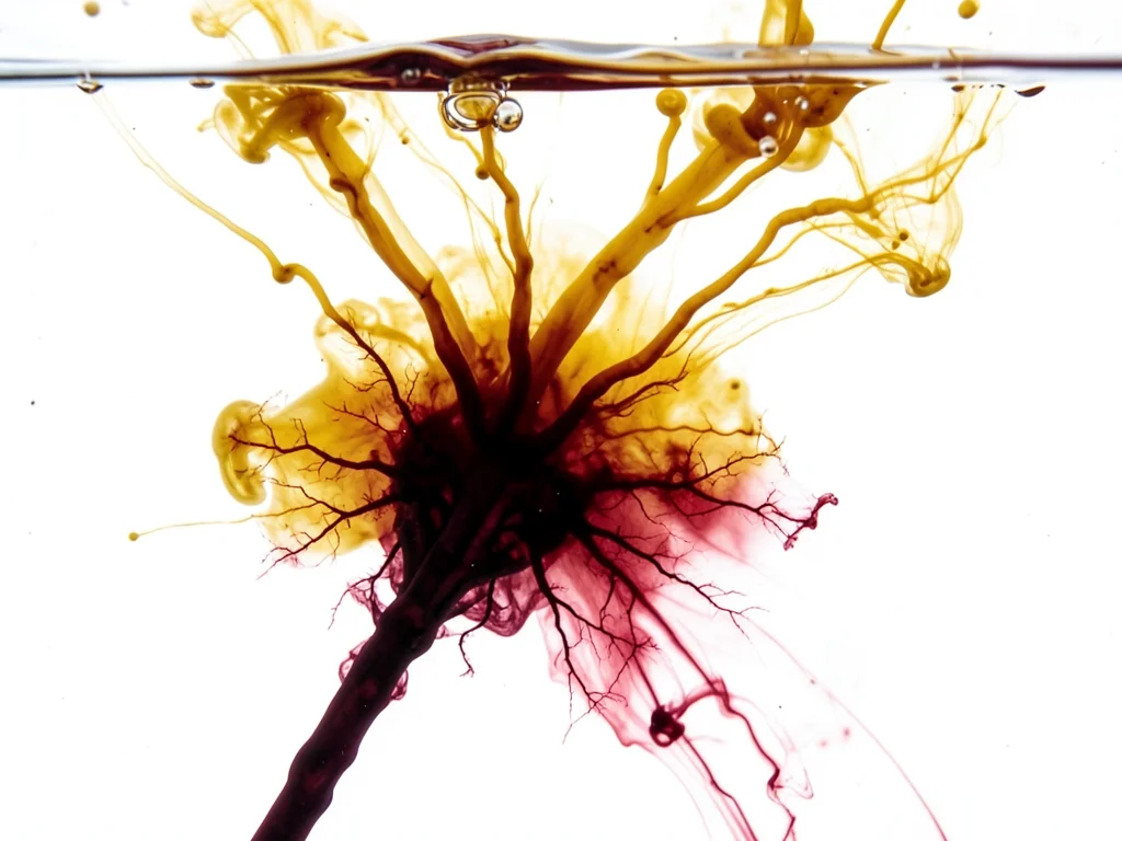 Ochre and deep red ink spreading on wet paper, thanksgiving palette