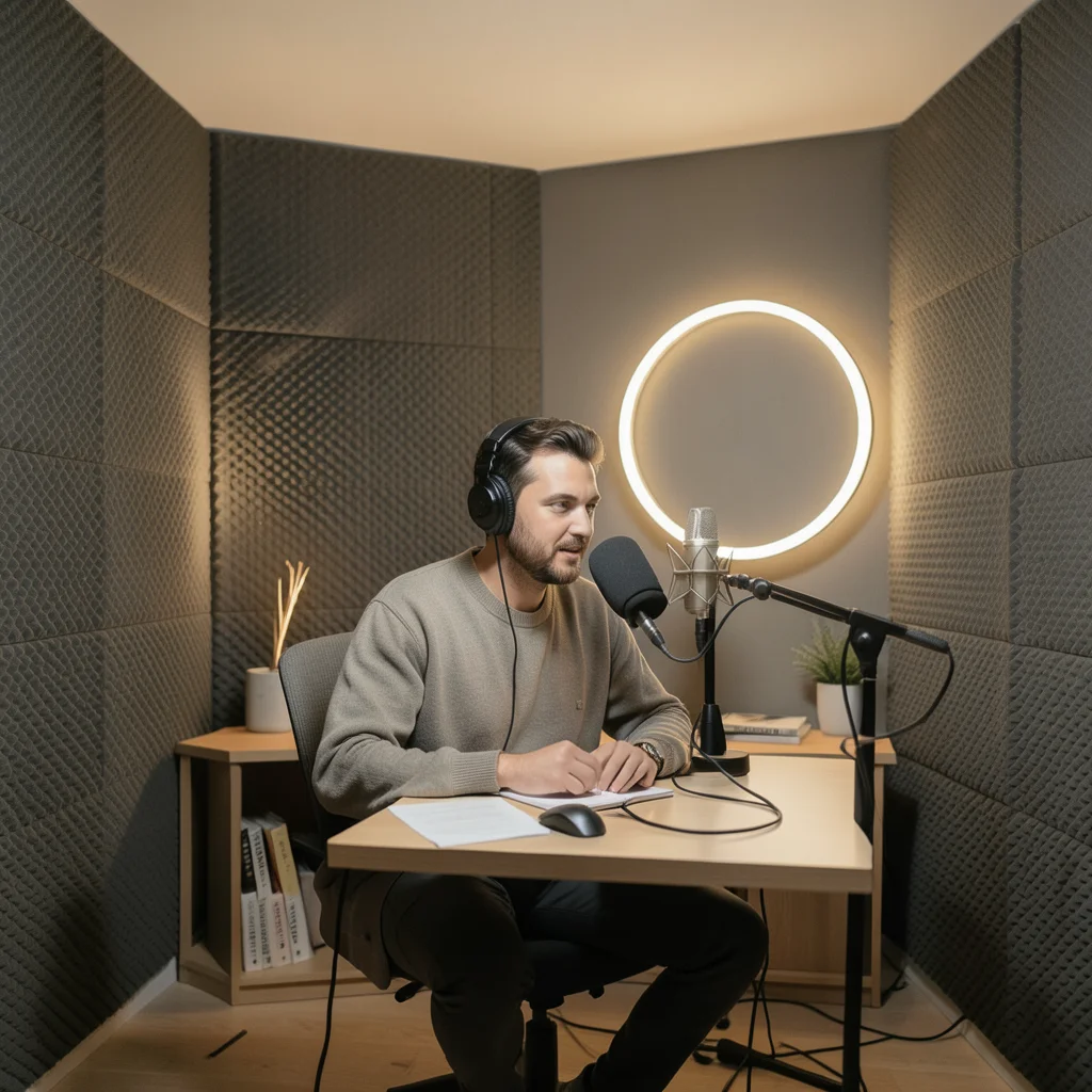 Musician recording podcast in closet studio, acoustic foam walls, warm LED ring 