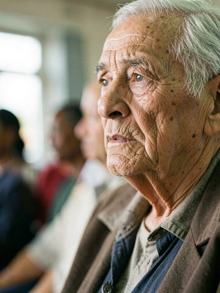 Close-up of an elder's face at a community meeting — listening intently, deeply 