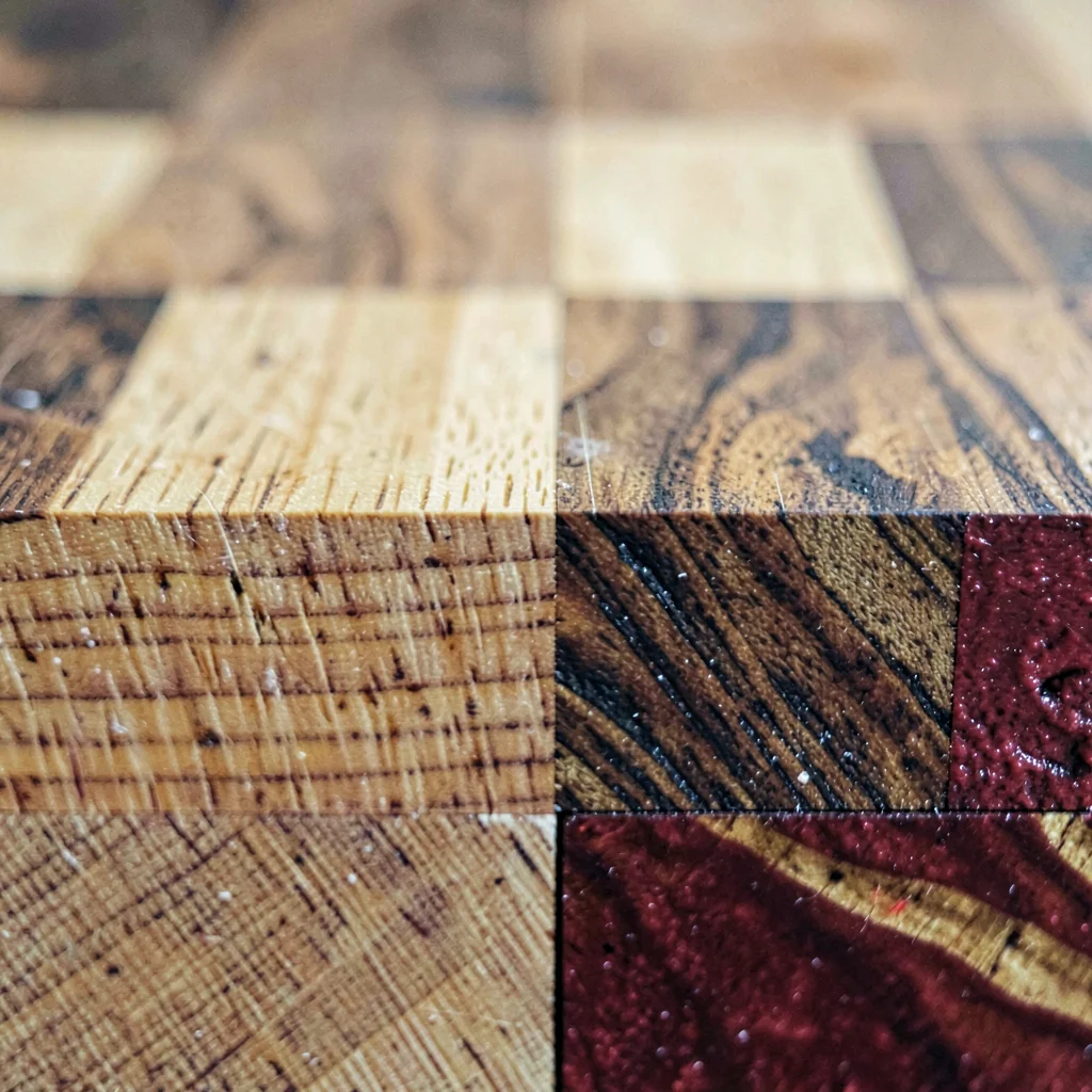 Macro of a butcher-block end-grain section with maple, walnut and cherry blocks 