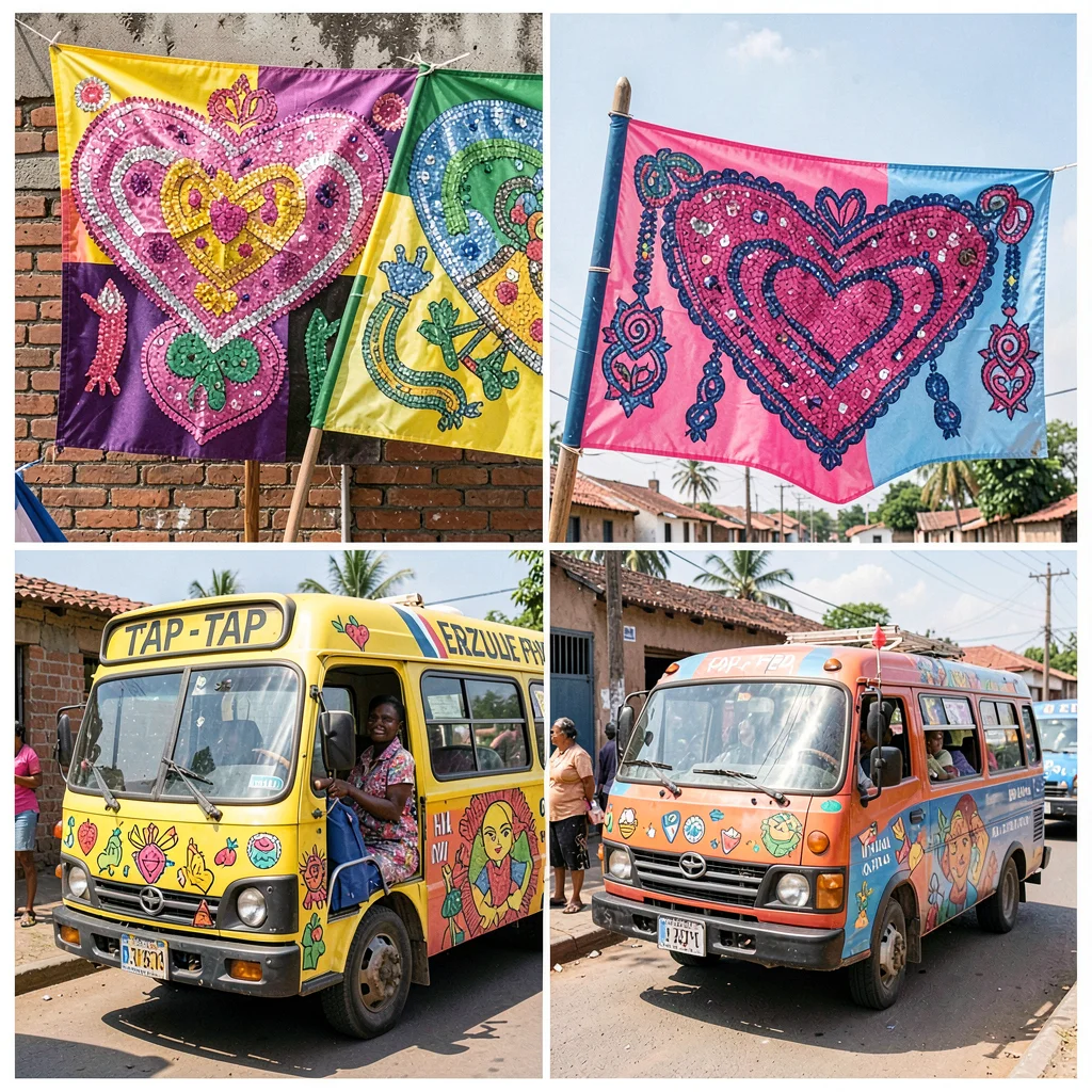 Resilient color in Port-au-Prince, Haiti, Vodou flags with sequined veves, Erzul