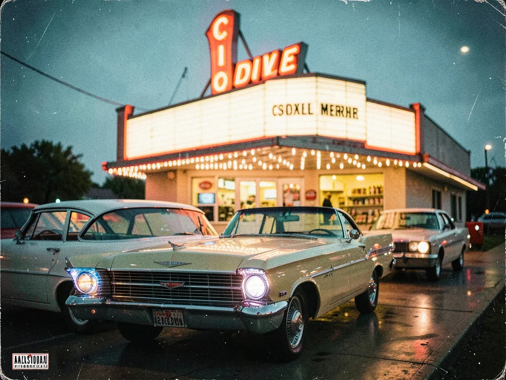 Drive-in movie theater from 1950s, cars with modern LED headlights