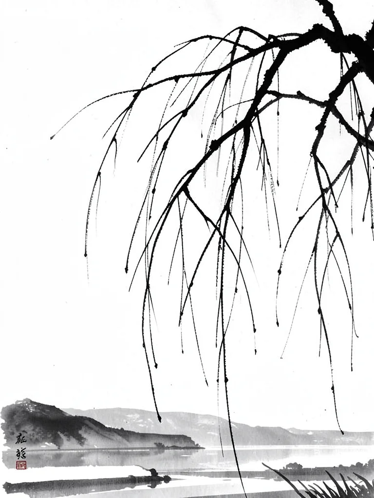 Bare willow branches trailing down into unseen water