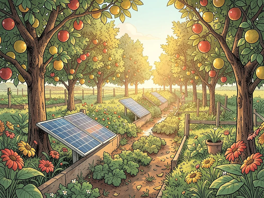 A former highway median converted to a productive food swale with fruit trees