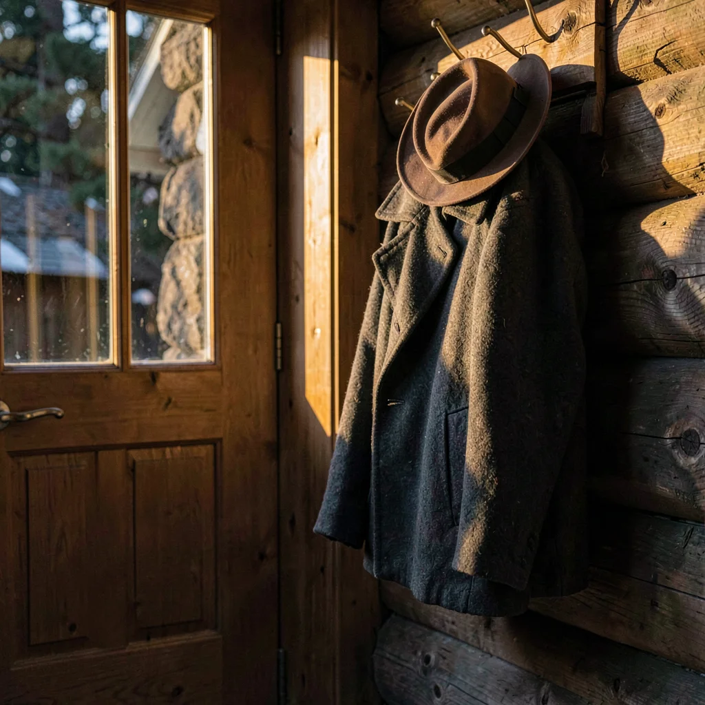 A wooden coat tree by a cabin door with a wool jacket and a fedora, late afterno
