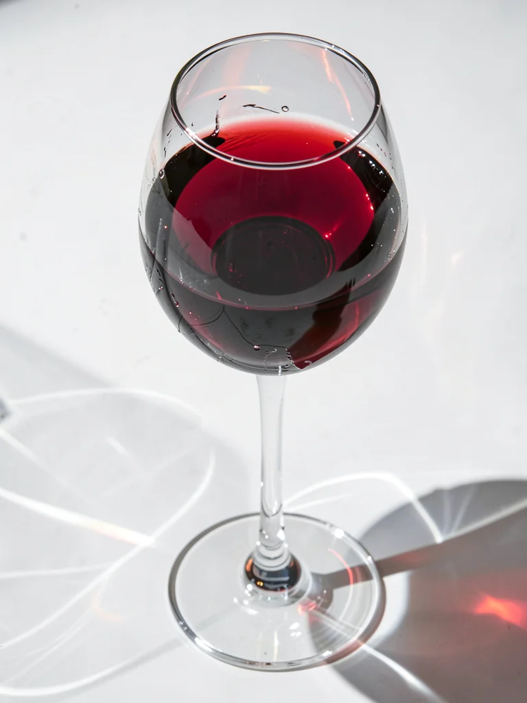 Wine glass with red wine, light refracting through liquid, caustics dancing on w