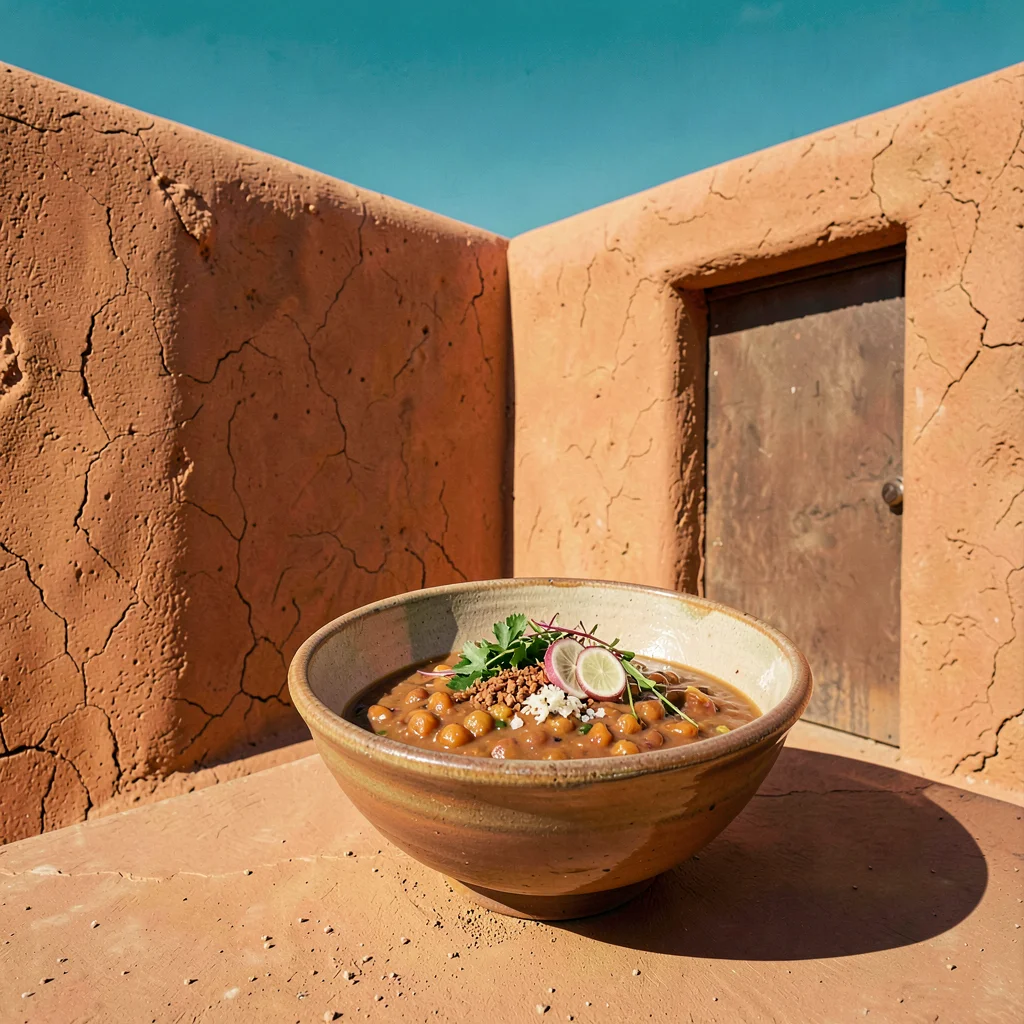 Santa Fe adobe warmth, high desert light clarity, Bowl of posole with garnishes 