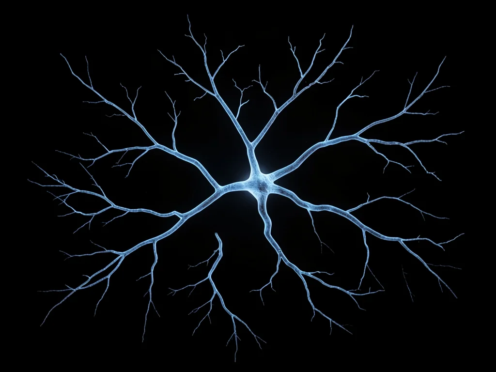 Branching dendrite spread across a 4cm field of cold black glass, blue trapped l