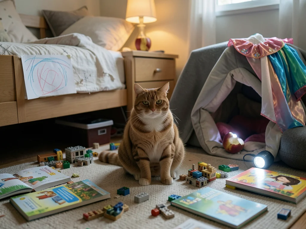 A child's bedroom floor after an afternoon of creative play — a crayon drawing t