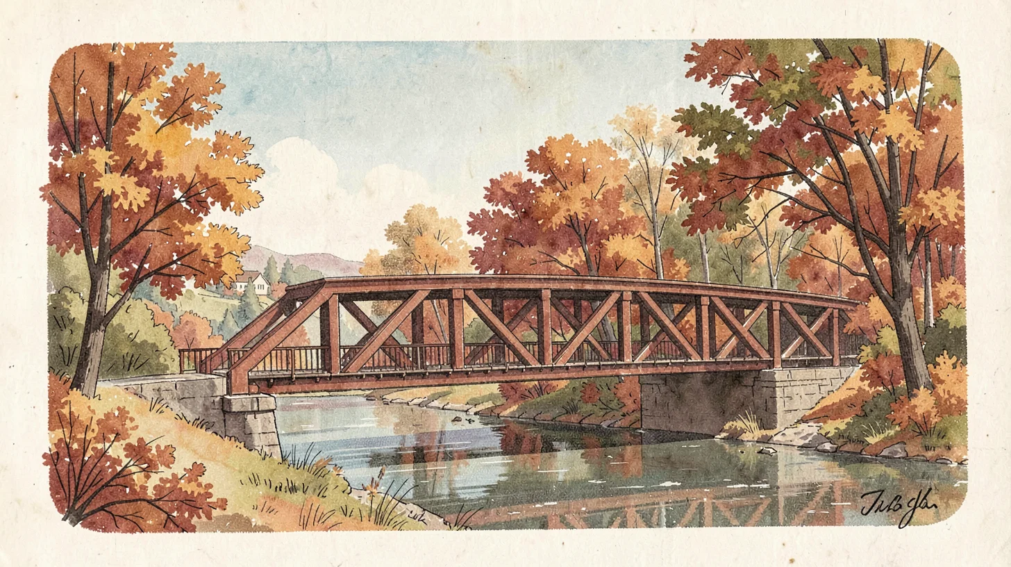 Casein illustration, covered bridge in autumn , milk-based paint, vintage matte 