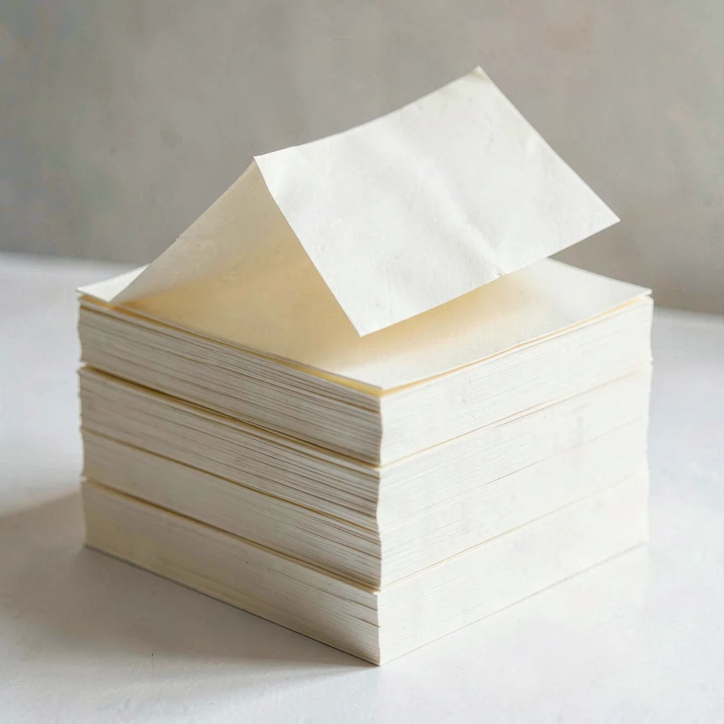 Stacked cream paper squares pressed into a thick monolith, the topmost sheet pee