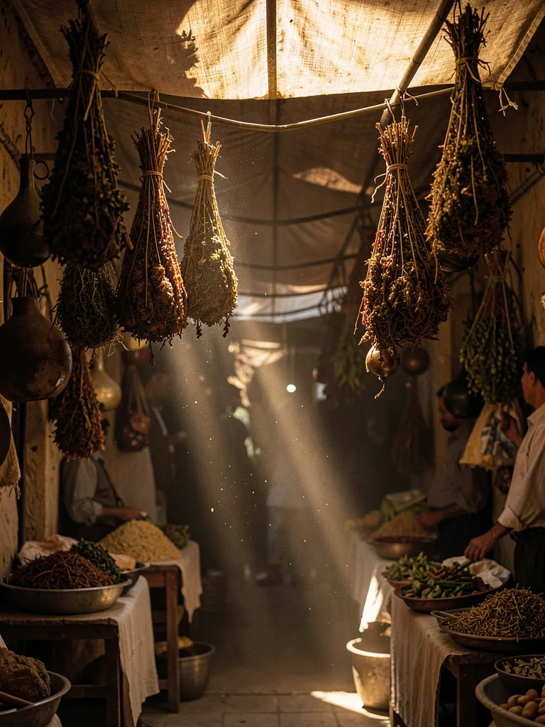 Dried herbs hanging from ceiling, dusty light beam illuminating suspended bundle
