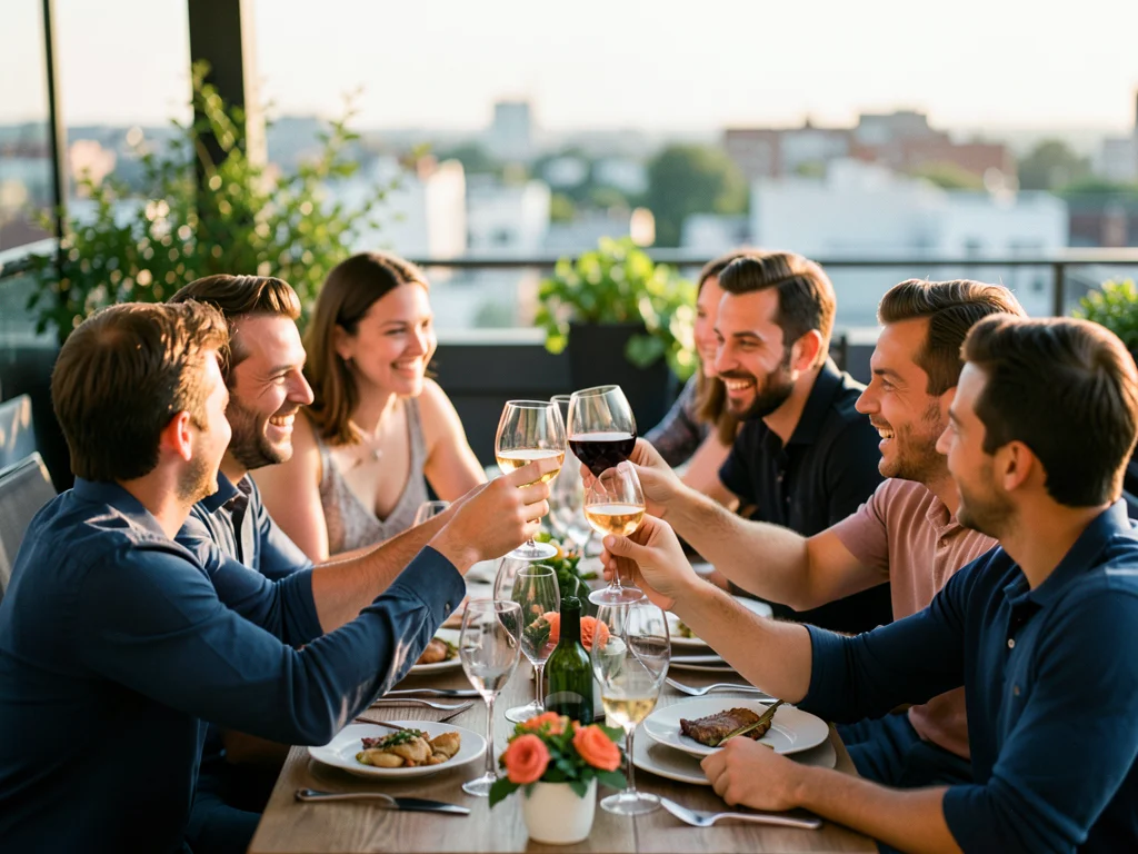 Group of friends clinking glasses at an outdoor rooftop dinner party