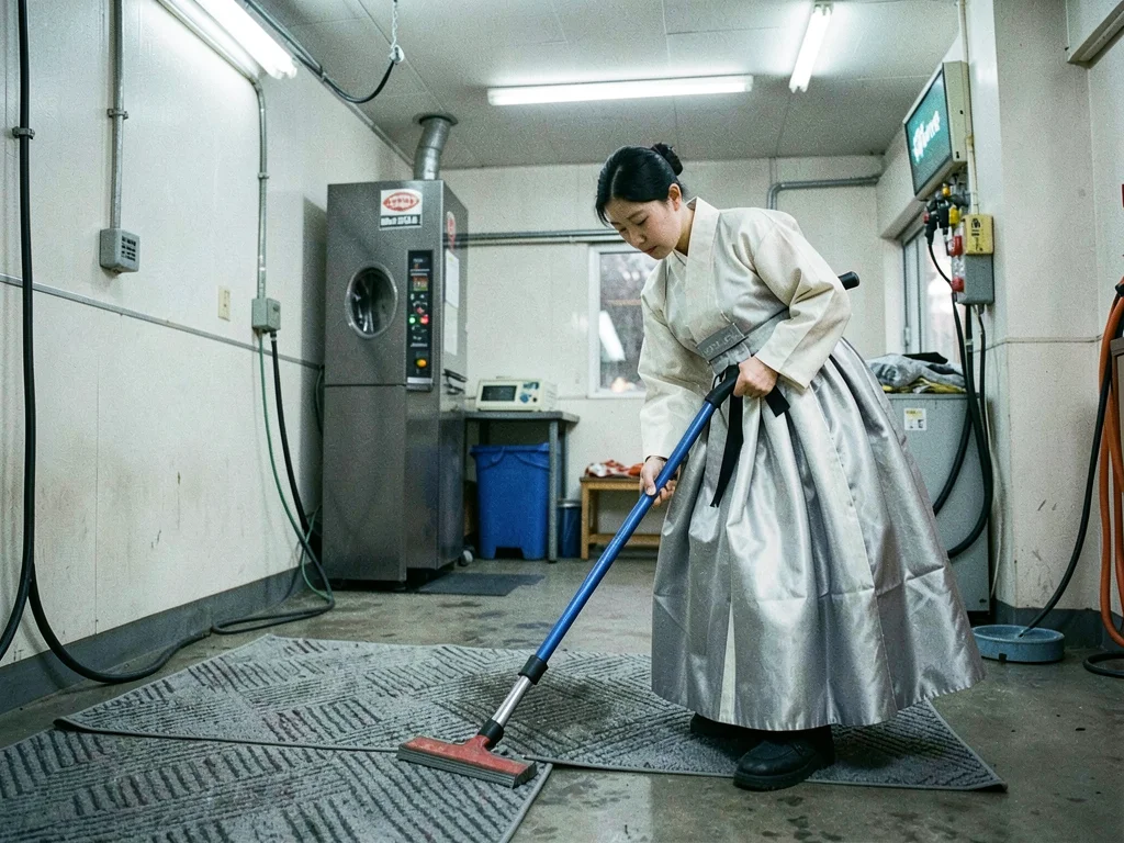 Silver and white hanbok at car wash vacuum station, cleaning floor mats