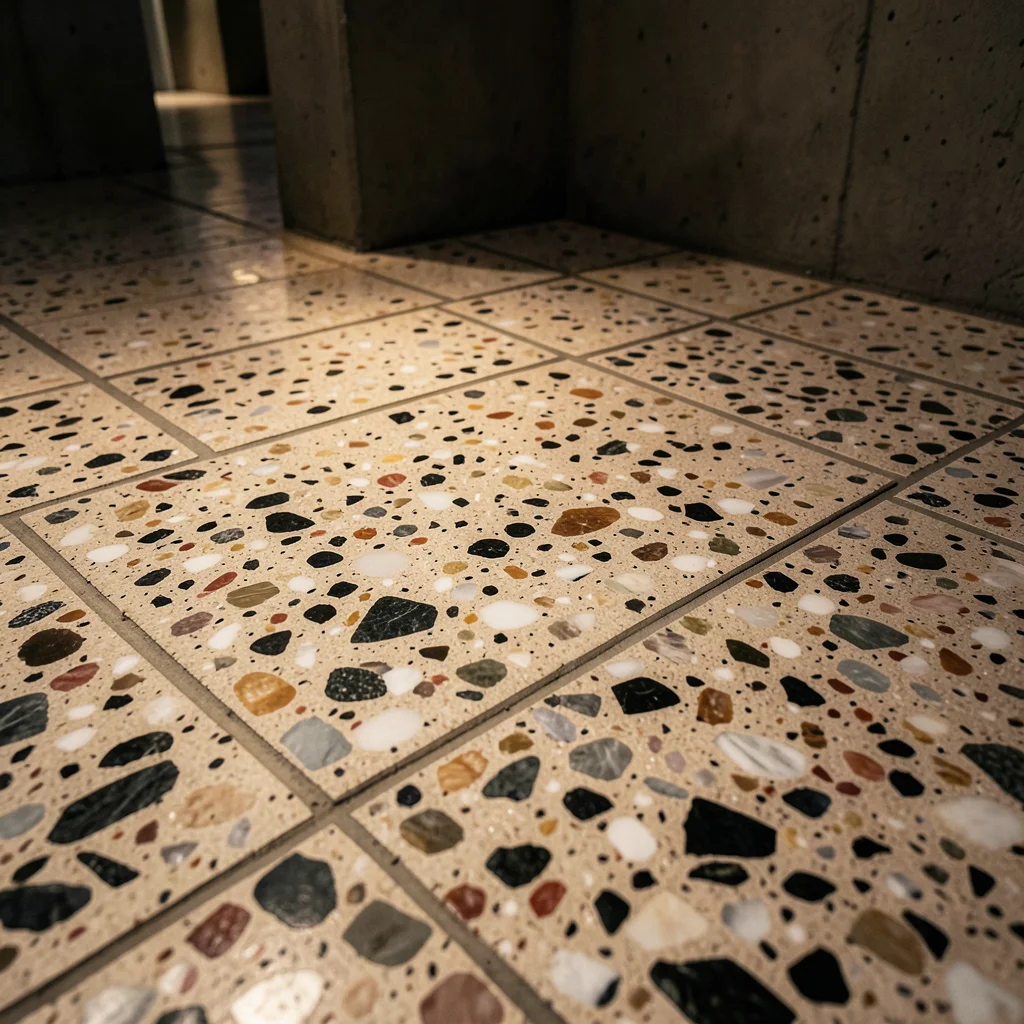 Terrazzo floor close-up, irregular marble chips in polished cement matrix