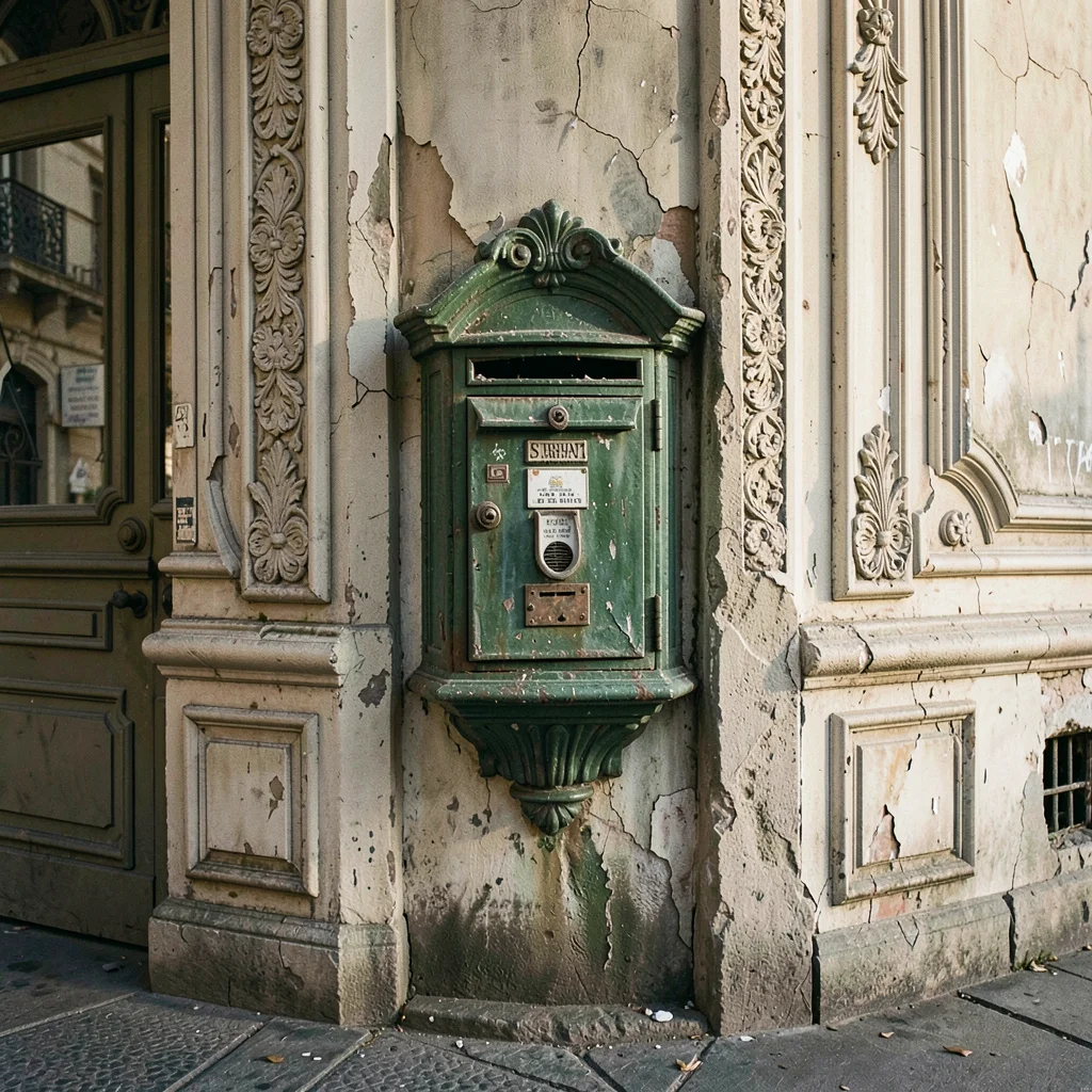 Buenos Aires faded grandeur, belle époque decay, An ornate mailbox tarnished gre