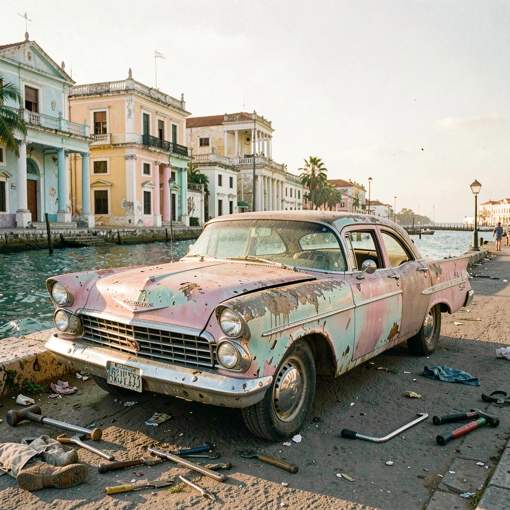 Faded pastel decay of Havana, Cuba, Mechanic under 1957 Chevy Bel Air, legs visi