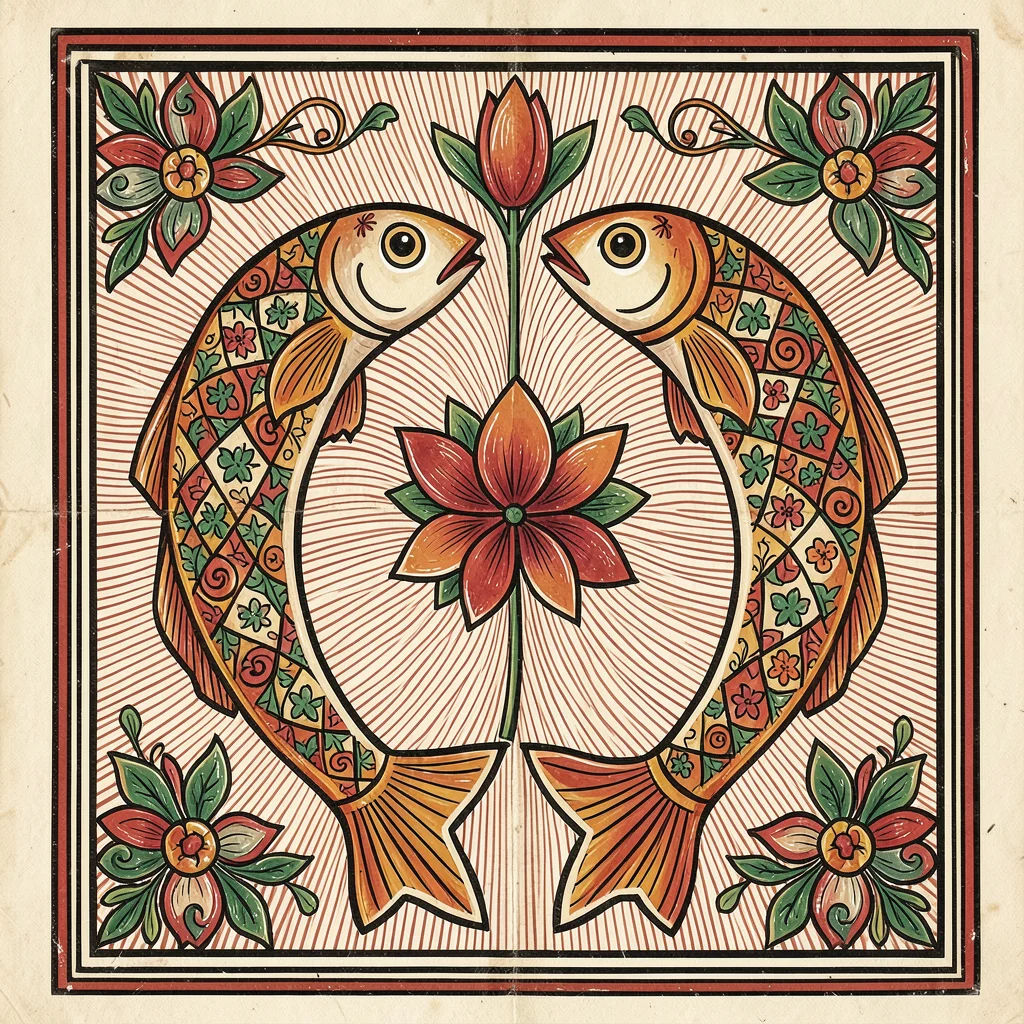 Two fish facing each other — their curving bodies forming an oval, lotus blossom