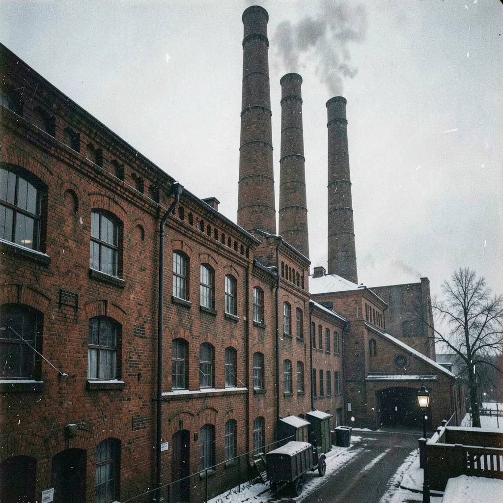 Textile factory ghosts in industrial Łódź, boiler house chimneys silhouetted aga