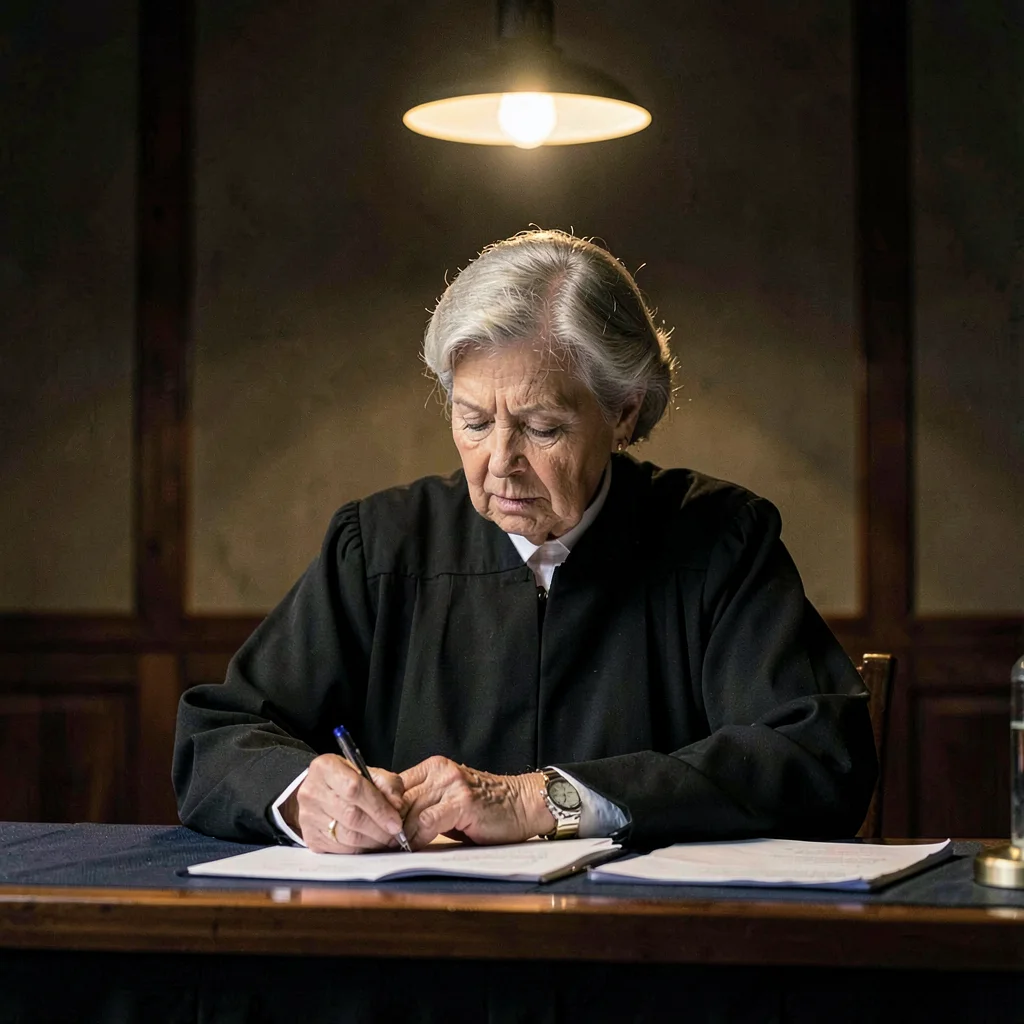 Sigrid-lampline portrait of a senior judge at a tournament desk reviewing notes,