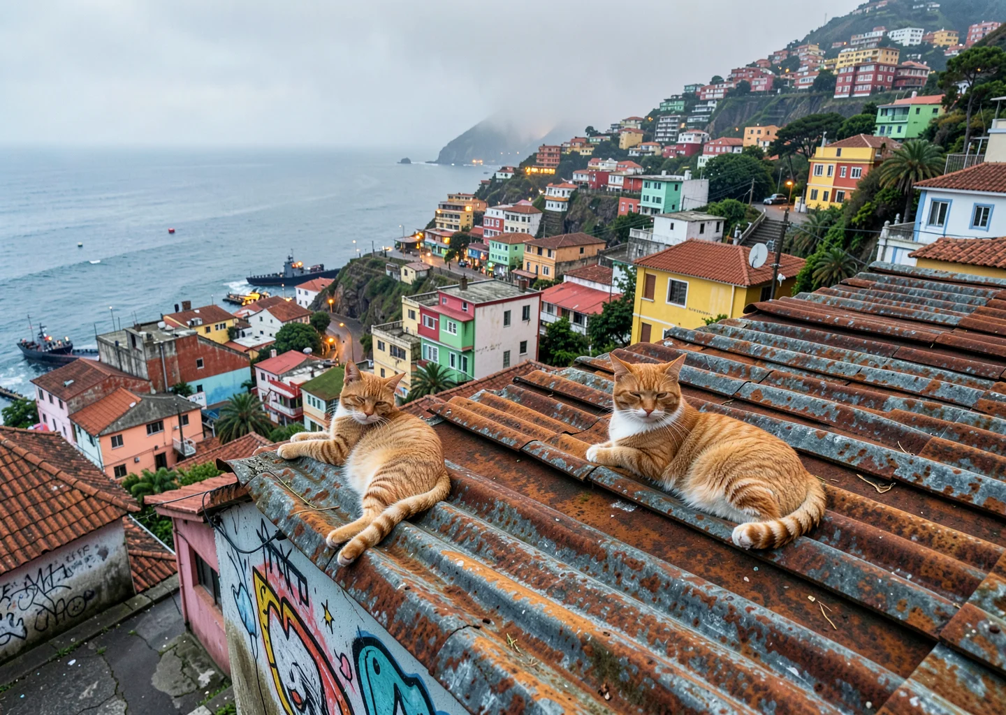 Impossible hill perspectives of Valparaíso, Chile, street cat lounging on corrug