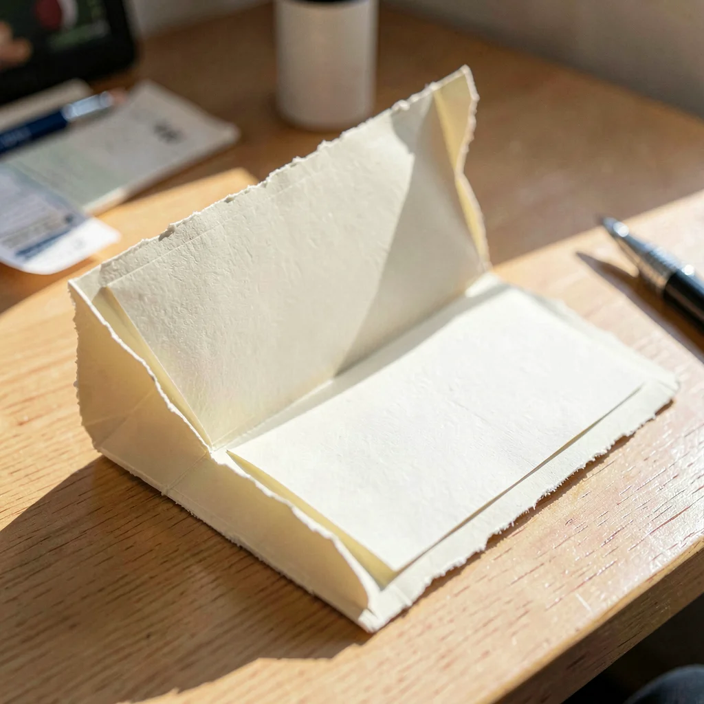 Macro of a folded cream comp card spread open across a sunlit desk, deckle edges