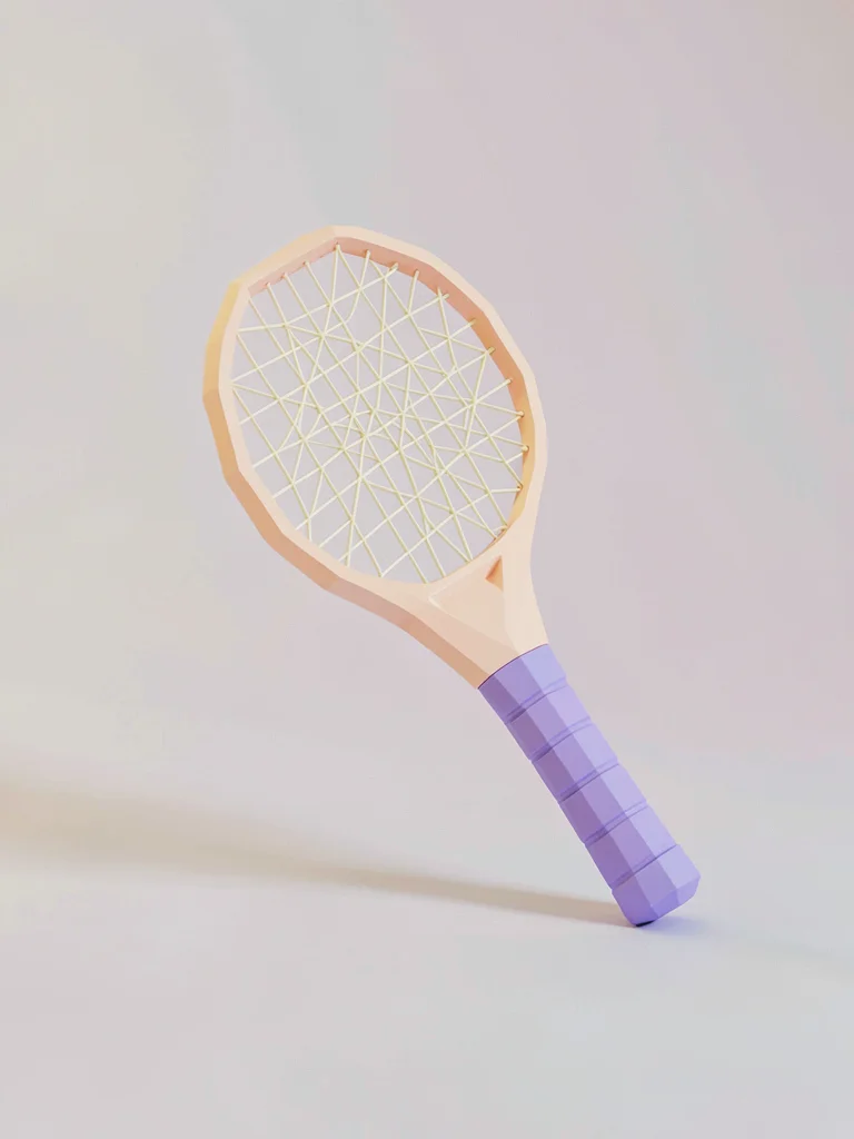 Strung faceted peach lowpoly tennis racket with a triangulated cream string mesh