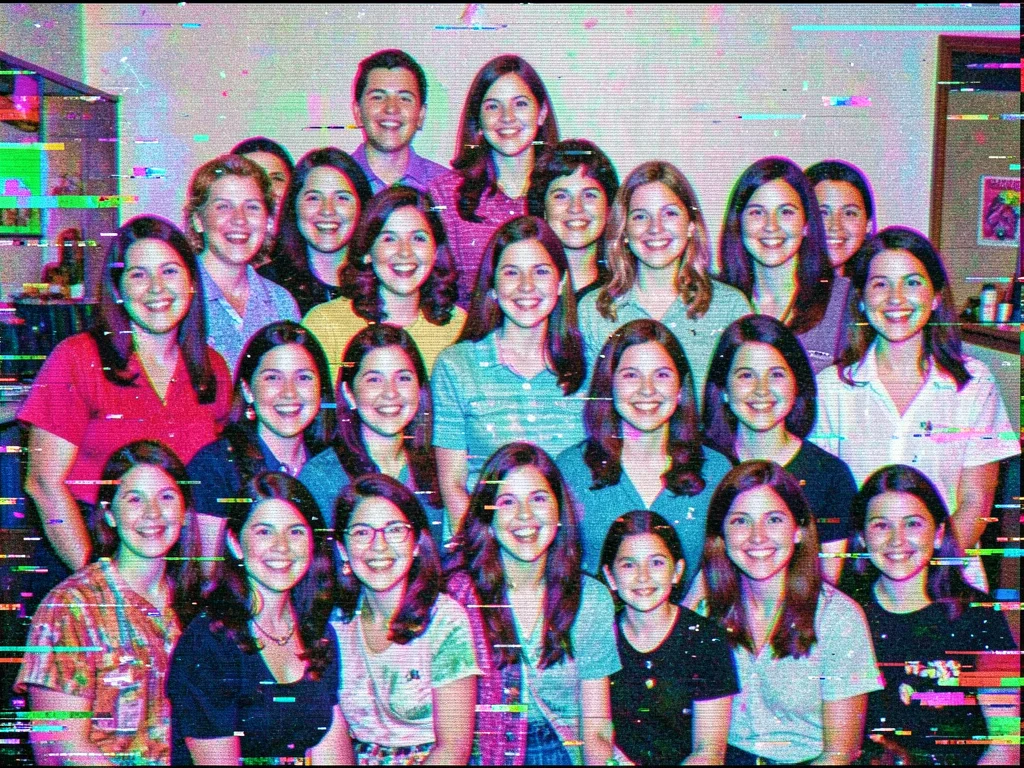 Corrupted graduation group photo, color channels shifted, joyful distortion