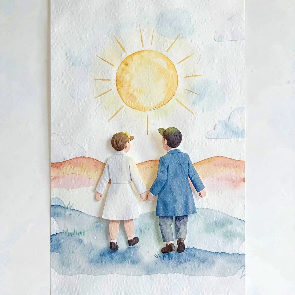 Vertical papercraft of two paper figures walking side by side toward a paper sun