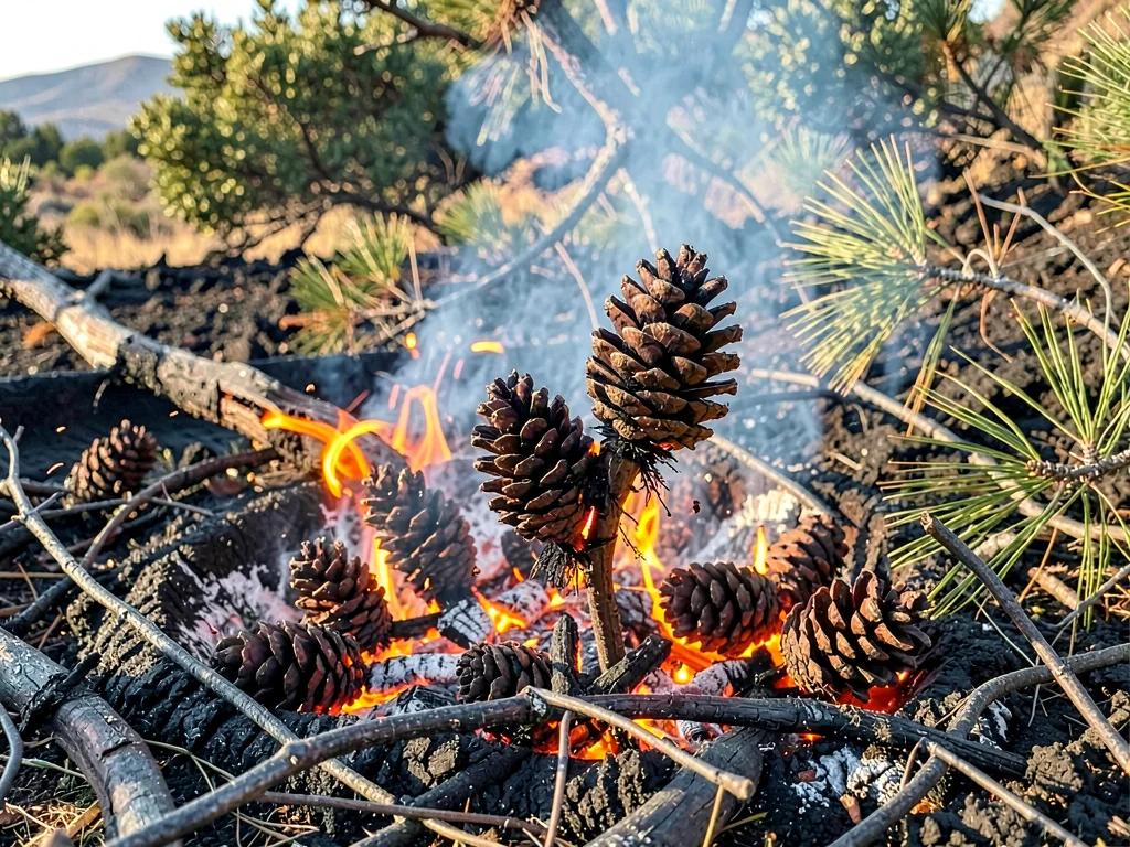 Pine cones opening after fire releasing seeds