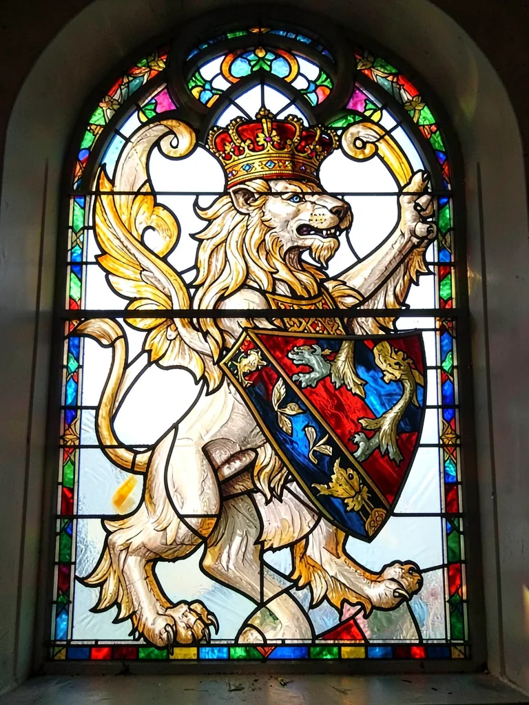 Heraldic lion stained glass