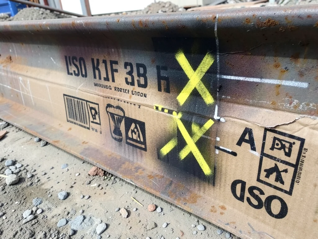 A steel I-beam on a construction site with spray-painted markings — the beam num