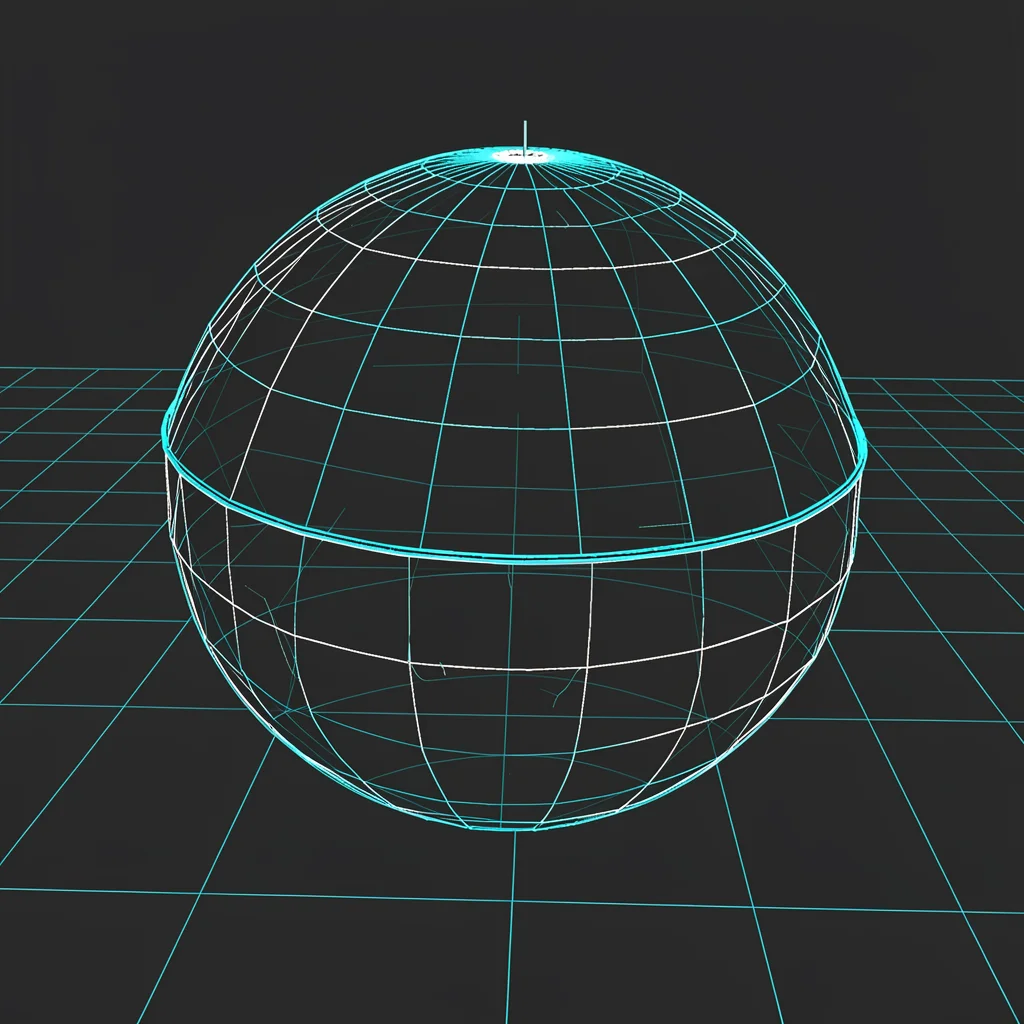 A wireframe sphere on a grid reference plane, its equator and meridians as brigh