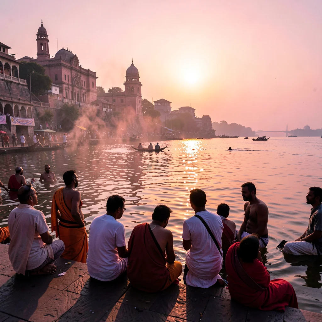 Varanasi ghat dawn, Ganges pink-gold light, group of pilgrims in waist-deep wate