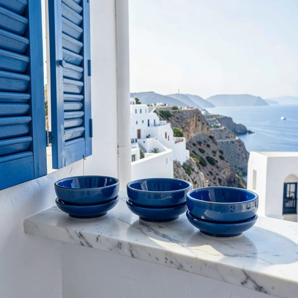 Sidi Bou Said cobalt-white, cliff-top absolute palette, Blue ceramic bowls stack
