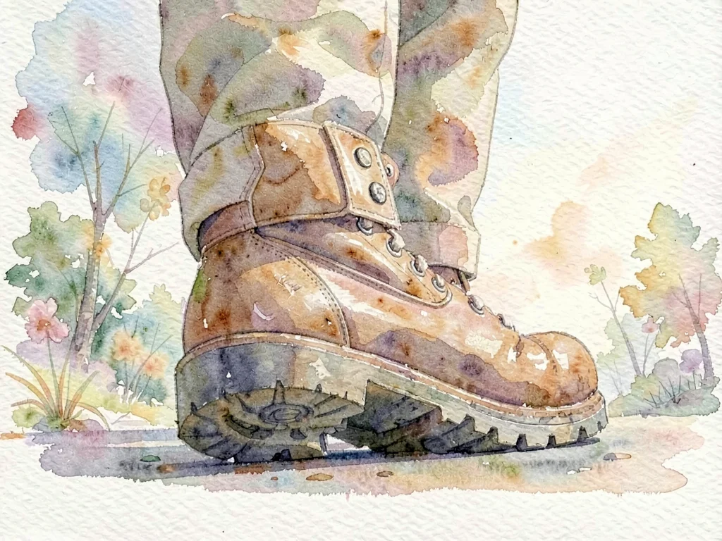 Mid-step heavy walk view from low angle, weighted boot scuff prominent in the fo